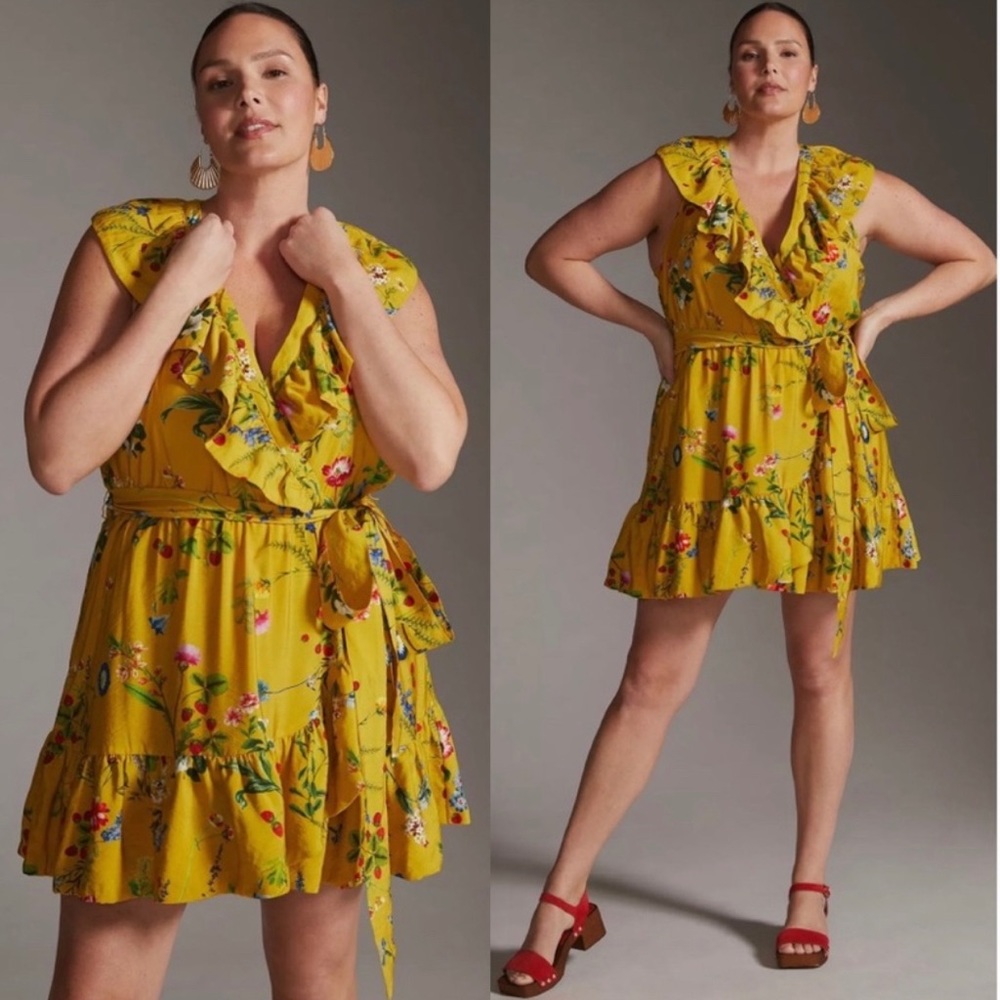 Mauve by Anthropologie | Floral short wrap dress with ruffle